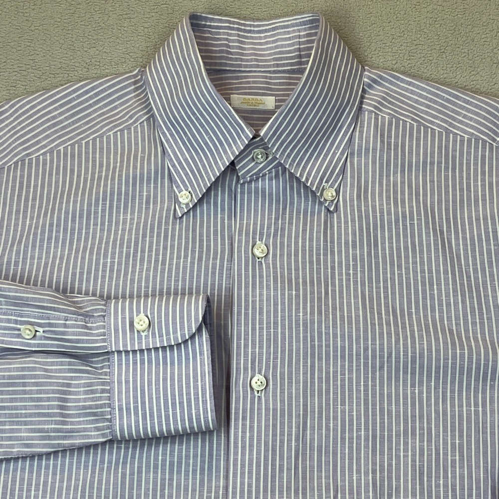 Barba Napoli Cucito a Mano Mens Shirt Purple White Stripe Cotton Linen 16 41